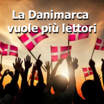 Gruppo di persone che alzano bandiere danesi in controluce, simboleggiando l'iniziativa del governo danese di abolire l'IVA sui libri per incentivare la lettura.